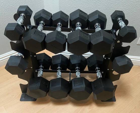 Dumbbells and Rack (NEW) Pairs of 5, 10, 12, 15, 20, 25 pounds 1
