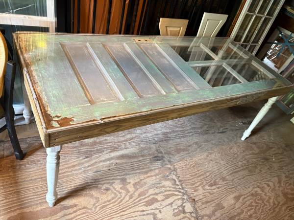 WOODEN DOOR TABLE, with Four Heavy Duty LEGS and a PLEXIGLASS TOP 1