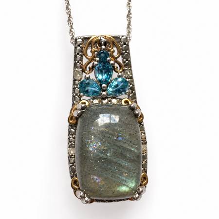 Malagasy Labradorite 4-point Diamond Blue Topaz Pendant 10K White Gold Chain 1