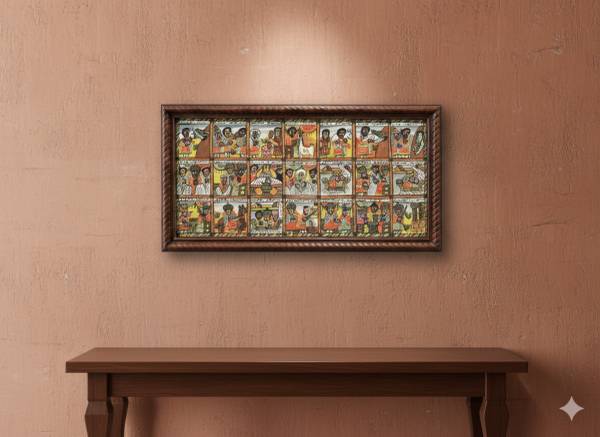 Ethiopian Story Panel Artwork – King Solomon & Bathsheba  Framed | 18” x 34 1