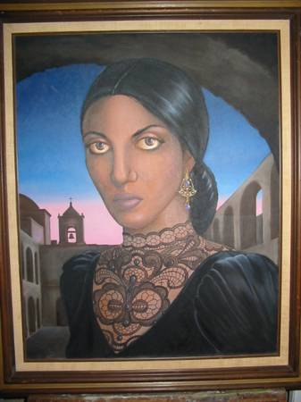 ORIGINAL FRAMED OIL PAINTING OF MEXICAN LADY INSIDE CHURCH 1