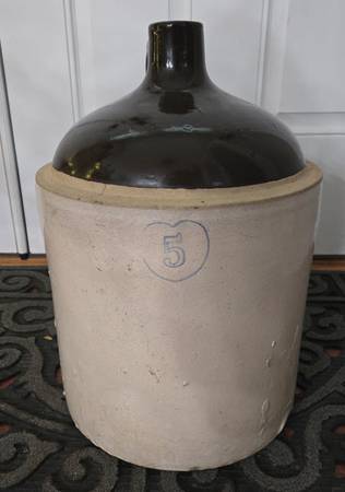 Antique Stoneware Jug 5 Gallon Crock Moonshine Whiskey Brown White 1