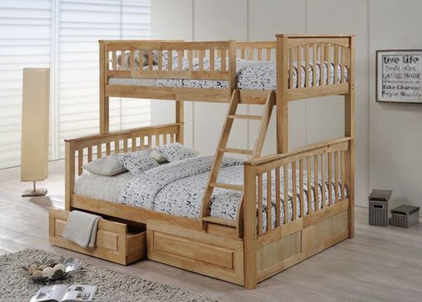 Bunk Bed - Single Double w 2 Drawers - Solid Wood - Natural - New 1