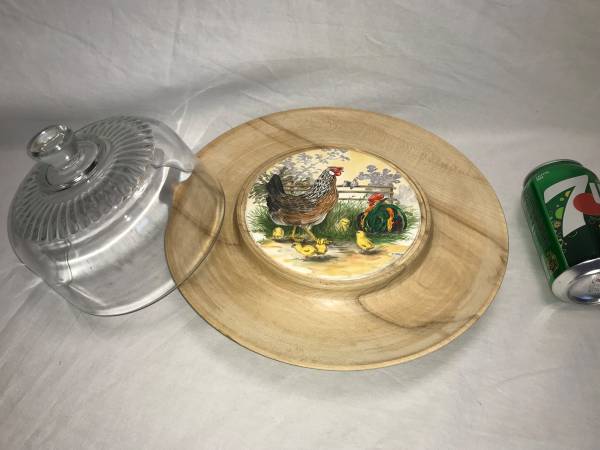 Chicken, Rooster, Chicks Serving Tray Glass Cover over Ceramic / Wood 1
