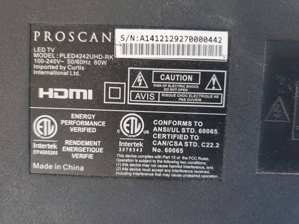 Proscan 42 inch 4K LED TV.  needs wall mount. 1
