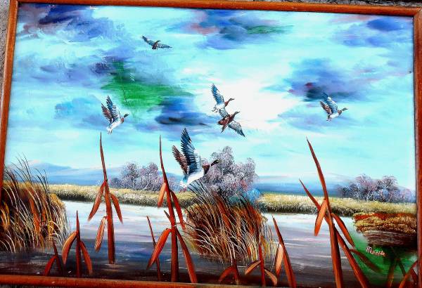 LARGE IMPRESSIVE PAINTING of DUCKS in MARSH TAKING FLIGHT! 1