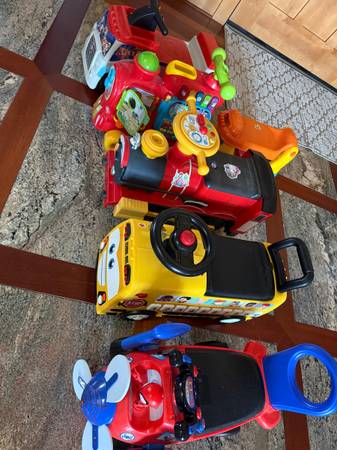 Ride on airplane, school bus, train with rail, truck, car 1