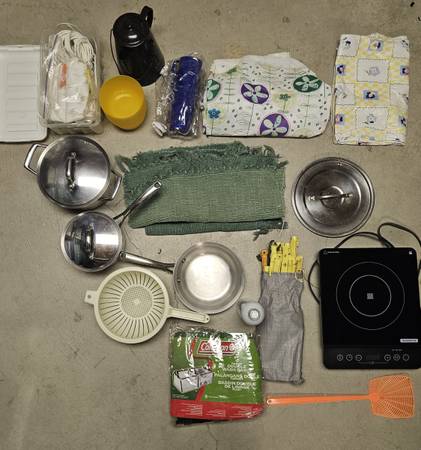 Three tubs with camping equipment, 2 tents and a screen house 1