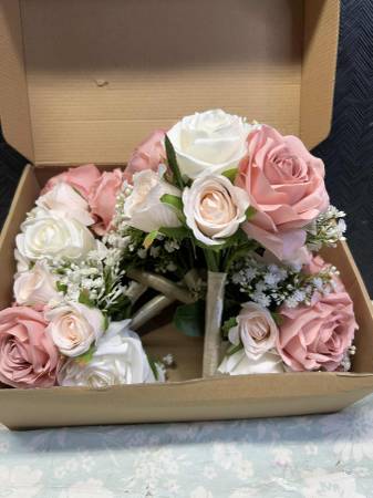 NEW Wedding Bridesmaids Bouquet 6 Ct White & Pink Faux Silk Roses S2-1 1