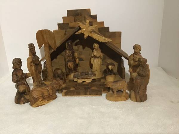 Vintage Olive Wood Nativity Set Christmas Creche Hand Carved Manger 1