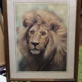 Beautiful Framed Artwork Of A Lion. Used, But Very Good,,  MAKE ME AN 1