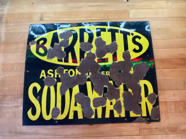 Old porcelain soda water sign 1930’s Barrett’s 1