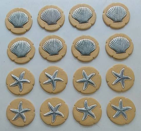 Shell and Sand Dollar tiles (16 ct) and 3 Hanging Beach signs 1