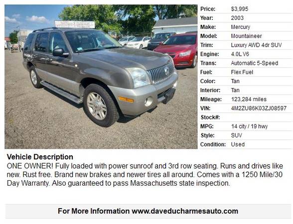 2003 Mercury Mountaineer de lujo con tracción integral y 3.ª fila - $3.995 (Lowell, MA *www.daveducharmesauto.com)63437526791811121