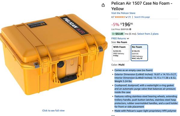 3 Pelican Air 1507 Maleta de Mano a Prueba de Golpes, Aplastamiento y Agua - $100 (Somerville)63471381784707122