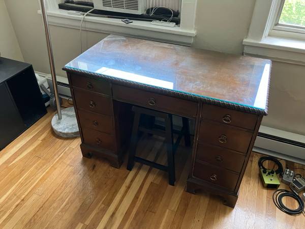 Wood writing desk with glass top 1