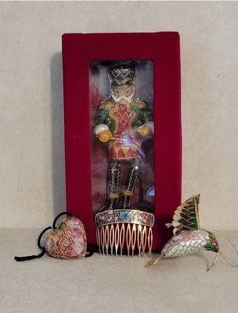 Christmas Cloisonne Soldier Hummingbird Heart Ornaments & Hair Comb 1