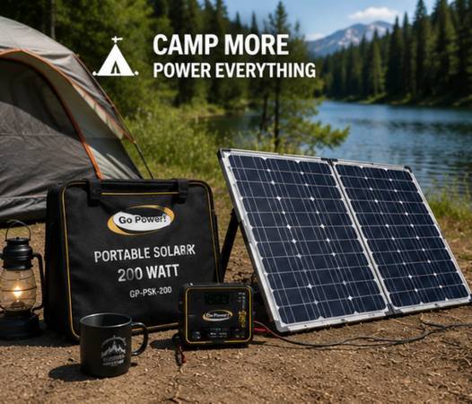New, never used Go Power 200W Portable Solar Kit. 1
