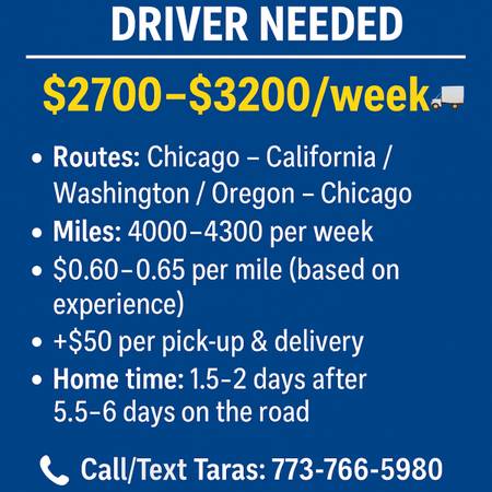 CDL A OTR Driver – $2700–$3200/week – Chicago 	•	Runs: Chicago ↔ Calif 1