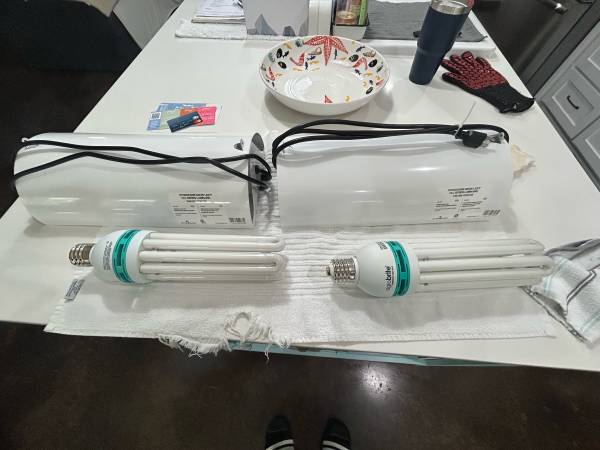 Two HydroFarm AgroBrite grow lights for indoor growing set with bulbs 1