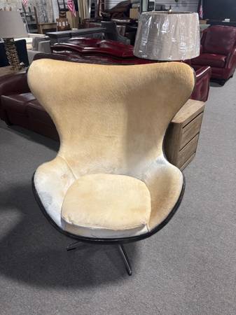 Restoration Hardware Sheepskin and Brown Leather Swivel Egg Chair 1
