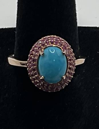 Vintage D’Joy Rose Gold Over SS, Turquoises & Pink Sapphire Ring 7 1