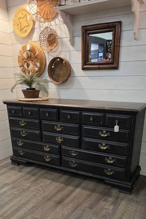 Newly Refinished Long Black Dresser w/ Stained Top 1