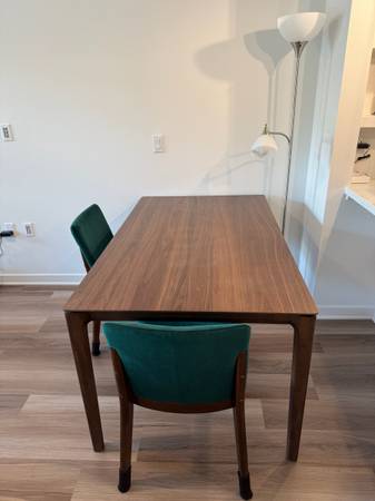 Modern Walnut Dining Table with 2 Green Velvet Chairs 1