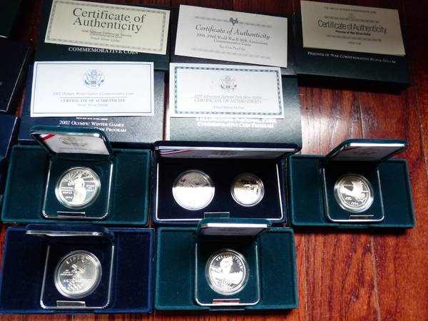 7 US Mint Proof Commemorative Dollars with Box & COA 1