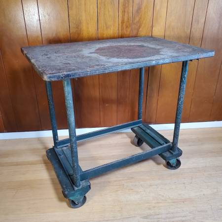 Antique Industrial Turtle Table Rolling Cart w/Payson Steel Casters 1
