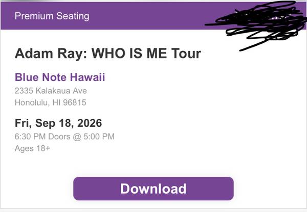 Adam Ray Blue Note 9/18 6:30 Premium Seating 1
