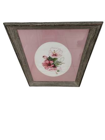 Framed and matted Handstitched Pink and White Flowers 1