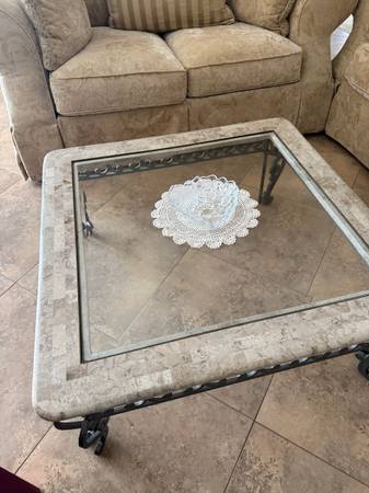 Console table, code table, end table glass metal scroll beige 1