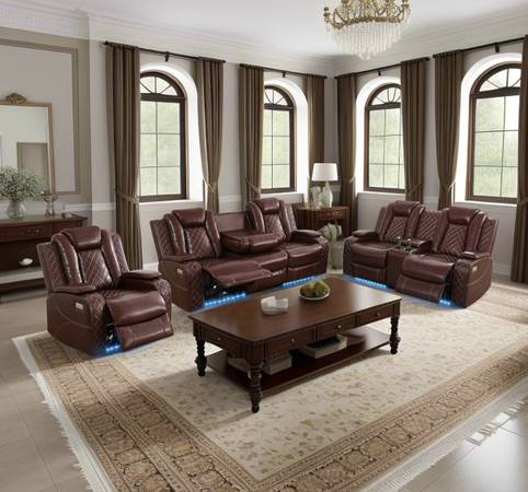 Power electric brown leather fully reclining couch set 1