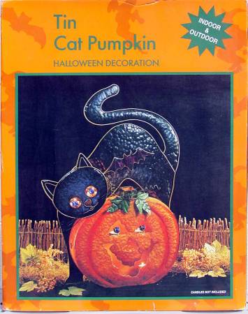 LARGE TIN CAT ON PUMPKIN HALLOWEEN DECORATION 33" TALL NEW IN BOX 1
