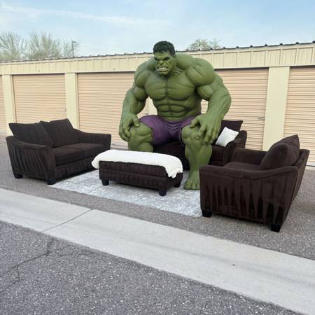 Large Brown Sofa Loveseat Chair + Ottoman - Delivery 1