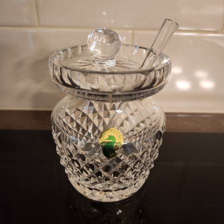 Vintage Never Used Waterford Condiment/Jam Jar with Glass Spoon 1