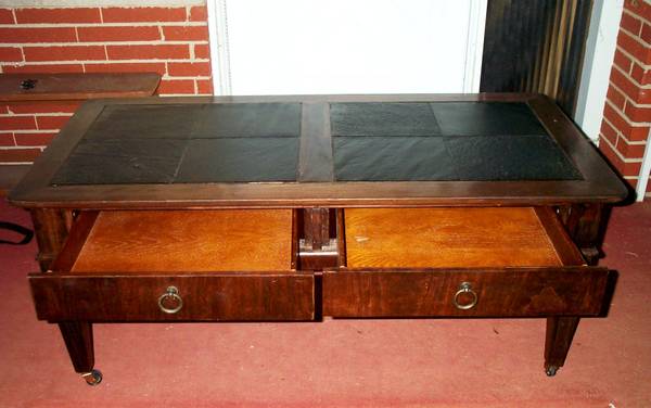 Coffee TABLE Inlay SLATE 2 Drawer Storage On Wheels HEAVY Vintage NICE 1