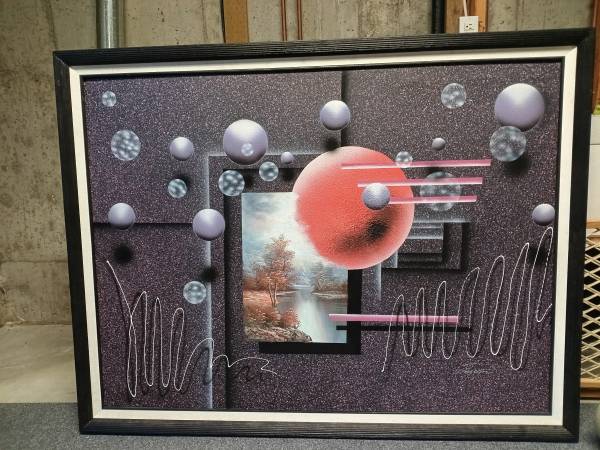 Large Abstract Futuristic Spheres Painting by Kingston Framed 53" x 41 1
