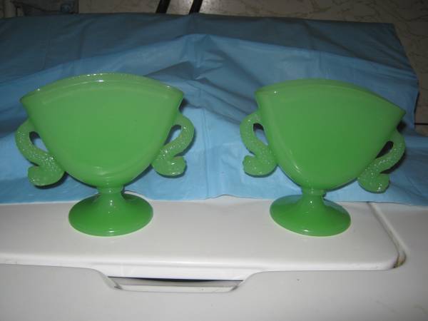 Pair Fenton Jade/Jadite Dolphin/Koi Fan Vases 1