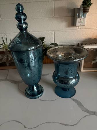 Set of blue mercury glass vase and jar 1
