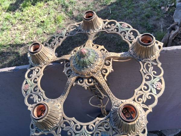 1920's Art Deco Hanging 5 Bulb Cast Ceiling Light Fixture Chandelier P 1