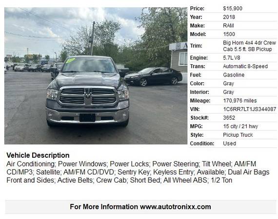 2018 RAM 1500 Big Horn 4x4 4dr Crew Cab 5.5 ft. SB Pickup 170976 Miles - $15,500 (Lexington)63625001400835121