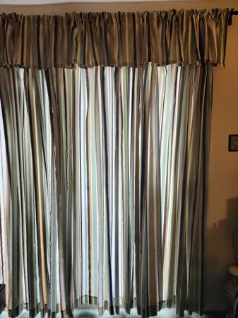 MCM Curtains Drapes 8 Panels 4 Valence Striped Green Tan Beige 1