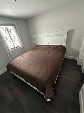 King size mattress and box spring with white headboard and frame 1