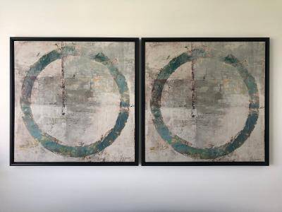 WALL ART, GREEN CIRCLES ON CANVAS, WITH HOOKS, BLACK FRAME - $110 (WEST PALM BEACH, FL)63471211314819120