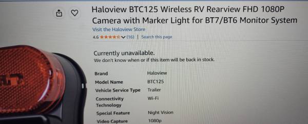 Haloview BTC125 wireless RV FHD 1080P Camera & Mark Light for BT7 BT6 1