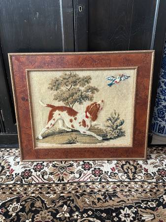 Rare Antique Victorian Framed Needlepoint Tufting Spanie 1