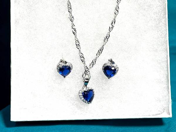 Solid Sterling Silver Blue & Clear CZ Earring and Necklace Set 1