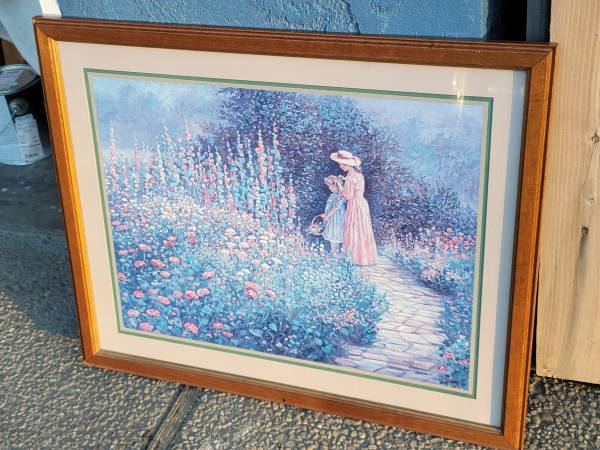 Oak framed picking flowers art 1